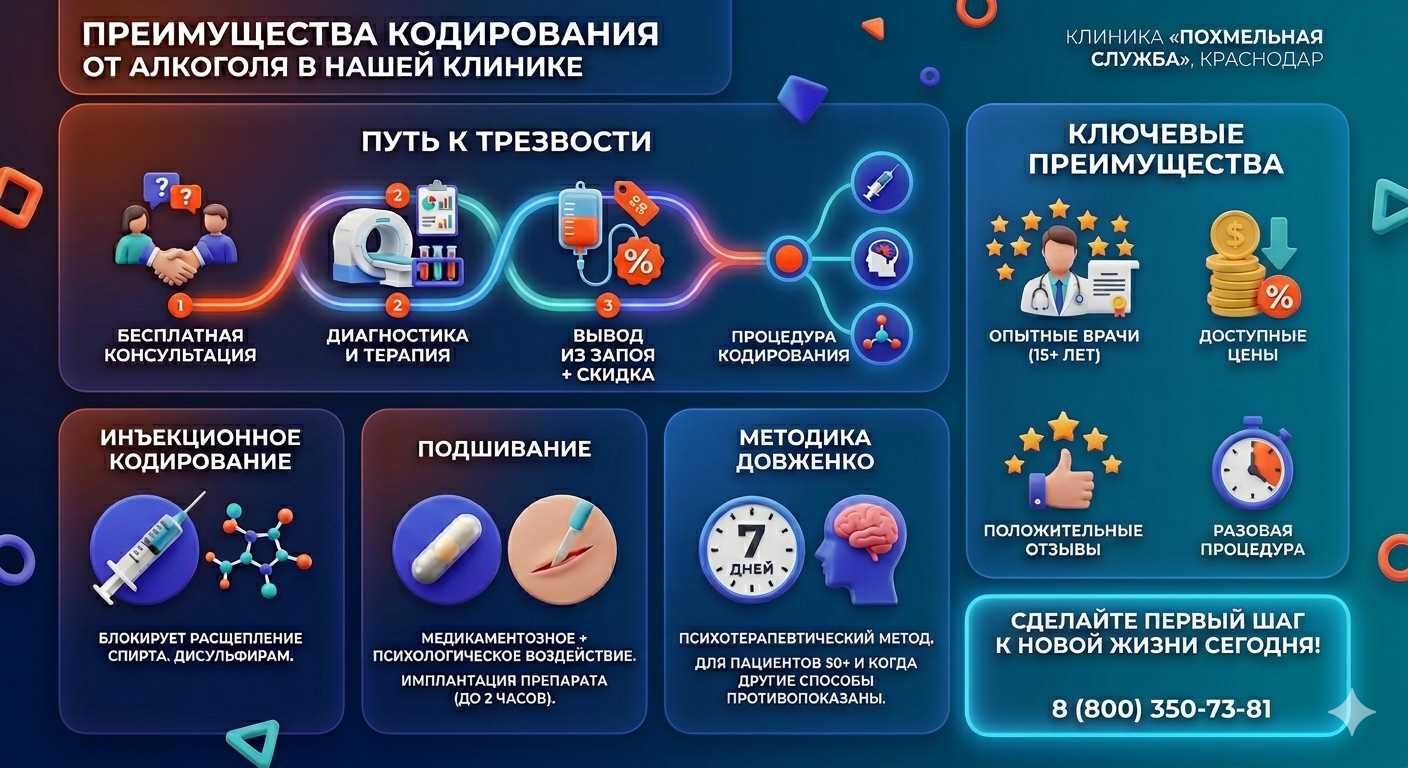 Инфографика о методах кодирования от алкоголя в Углегорске: инъекции, подшивание, метод Довженко. Преимущества клиники и этапы лечения.